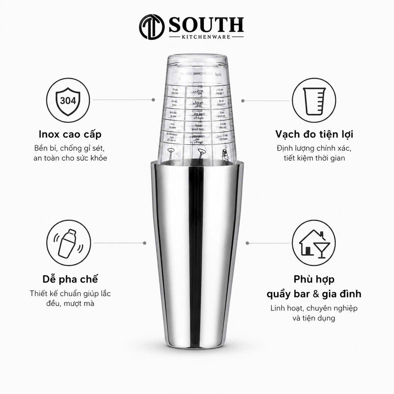  Bình lắc Boston inox kèm ly thủy tinh dùng pha chế 