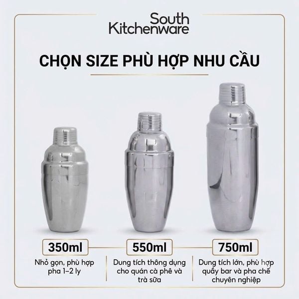  Bình lắc Shaker inox pha chế 350ml, 550ml, 750ml 