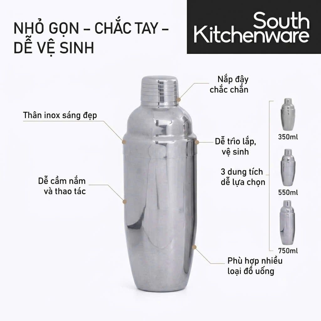  Bình lắc Shaker inox pha chế 350ml, 550ml, 750ml 