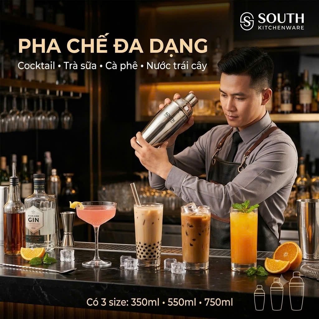  Bình lắc Shaker inox pha chế 350ml, 550ml, 750ml 