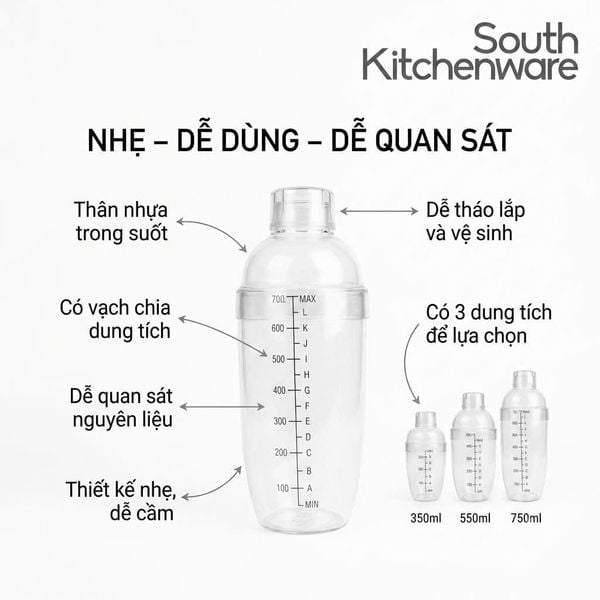  Bình lắc Shaker nhựa pha chế 350ml, 550ml, 750ml 