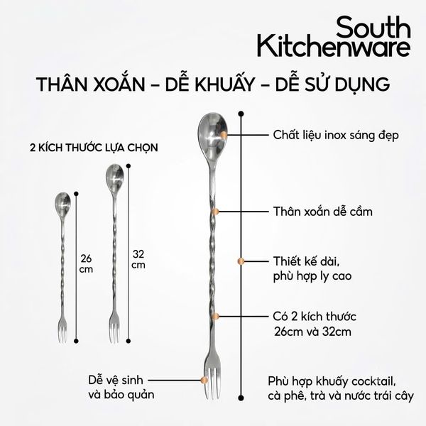  Muỗng khuấy pha chế inox 26cm và 32cm 
