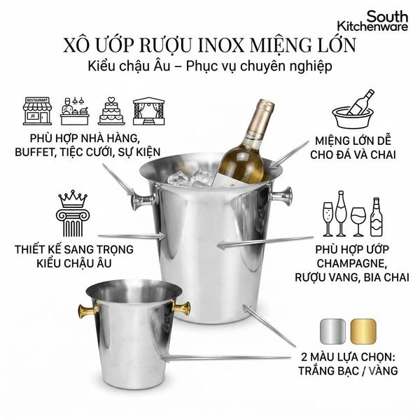 Xô ướp rượu inox miệng lớn kiểu chậu Âu hai màu