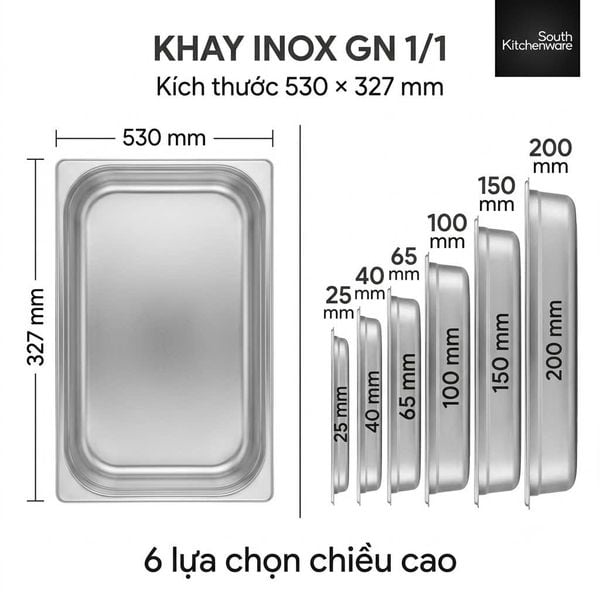 Khay inox GN 1/1 kích thước 530 x 327 mm