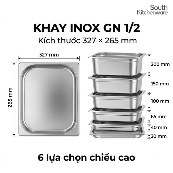 Khay inox GN 1/2 kích thước 327 x 265 mm