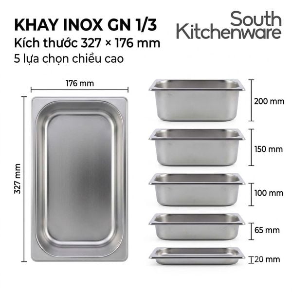 Khay inox GN 1/3 kích thước 327 x 176 mm
