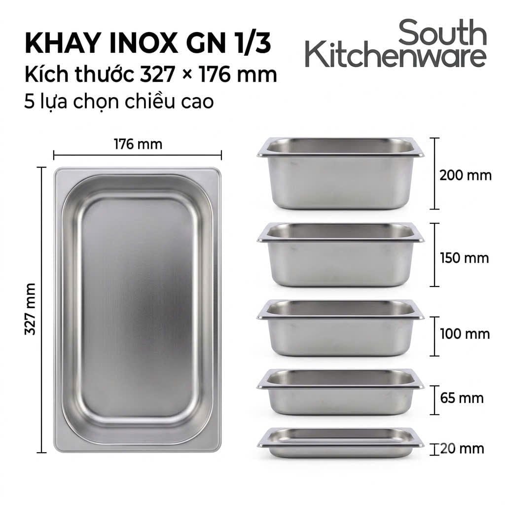  Khay inox GN 1/3 đựng topping, thực phẩm – Nhiều độ sâu 20–200 mm 