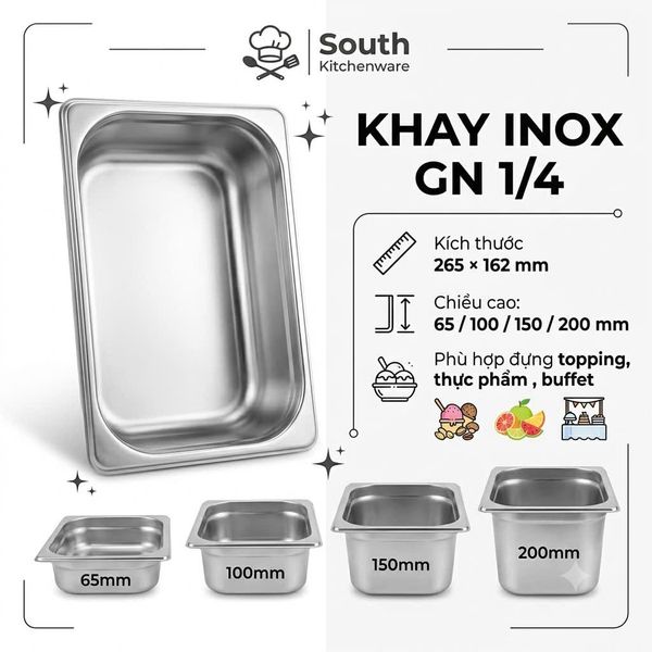 Khay inox GN 1/4 kích thước 265 x 162 mm