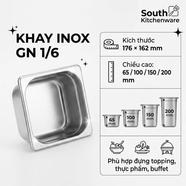 Khay inox GN 1/6 kích thước 176 x 162 mm