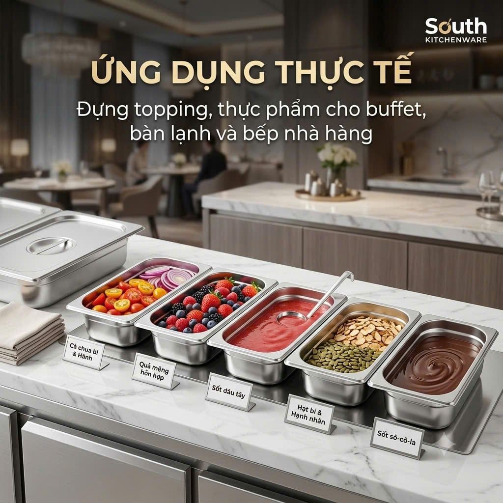  Khay inox GN 1/6 đựng topping, thực phẩm – Cao 65–200 mm 