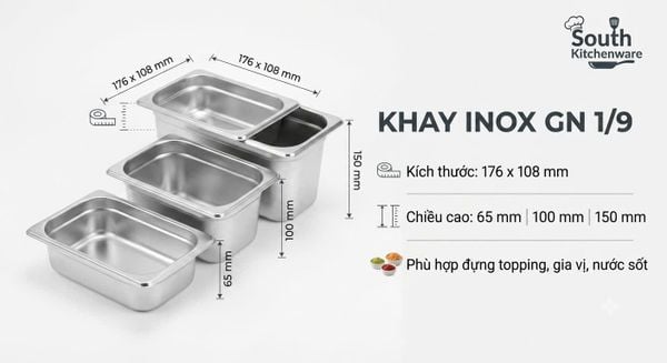 Khay inox GN 1/9 kích thước 176 x 108 mm
