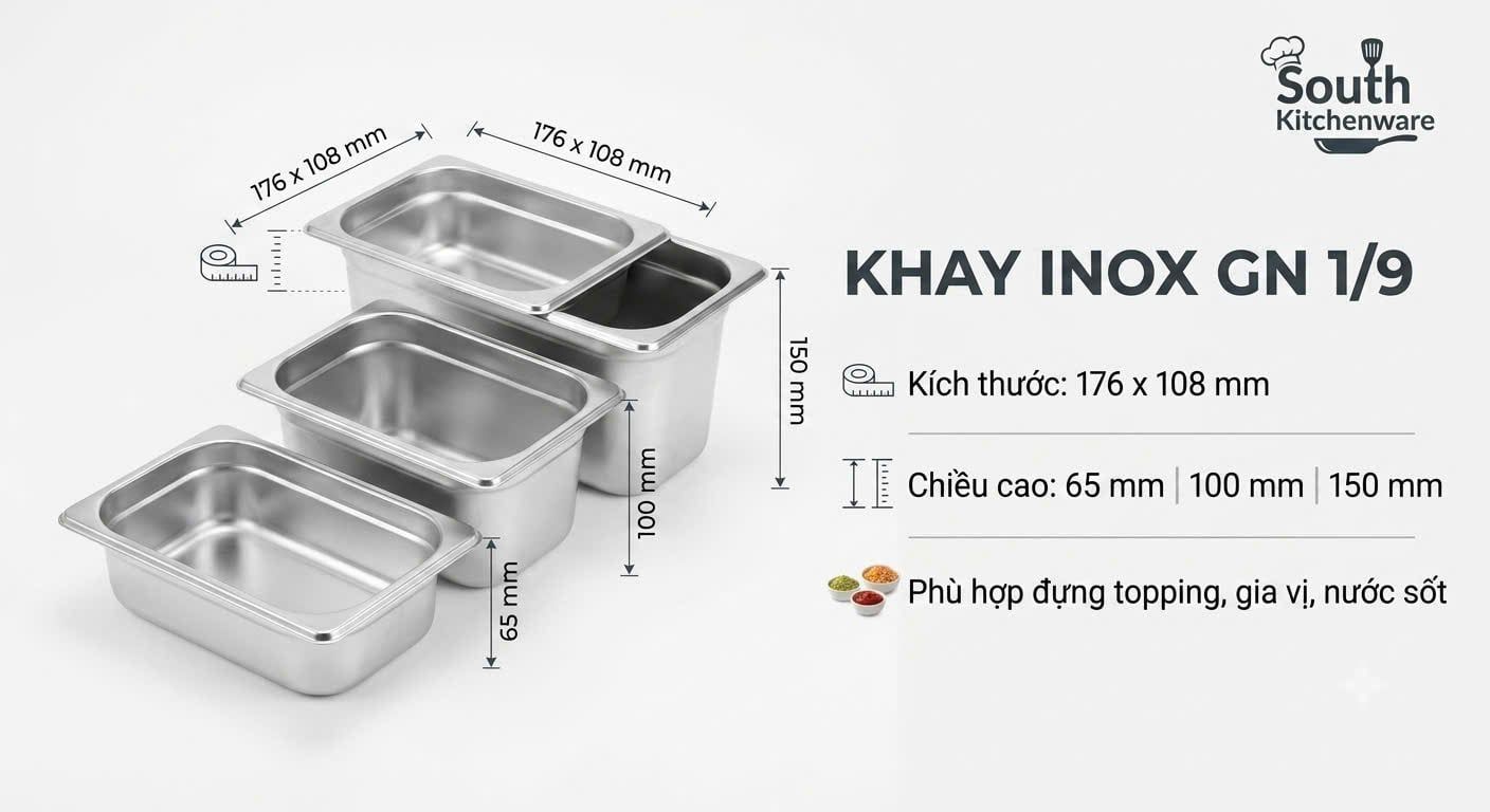  Khay inox GN 1/9 đựng topping, gia vị – Cao 65–150 mm 