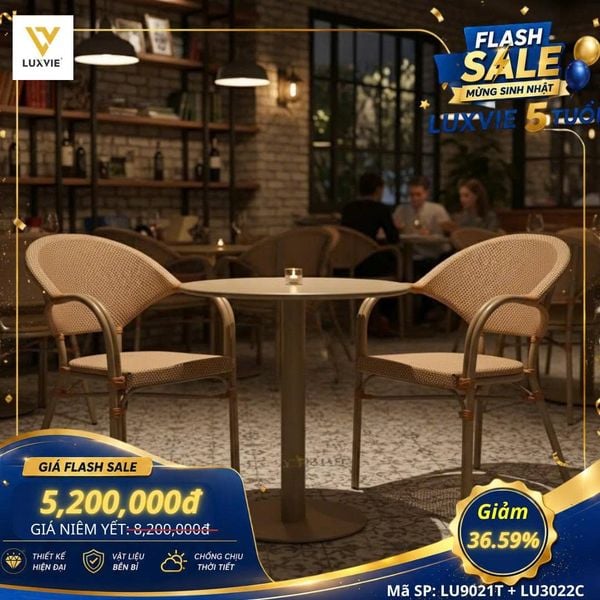 Bộ bàn ghế cafe ngoài trời LU9021T + Ghế LU3022C