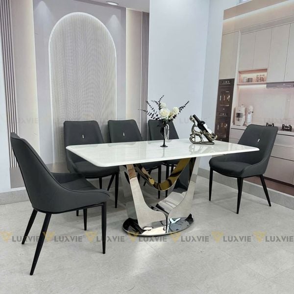 Bàn ăn inox tráng gương mặt đá Kleos (không gồm ghế)
