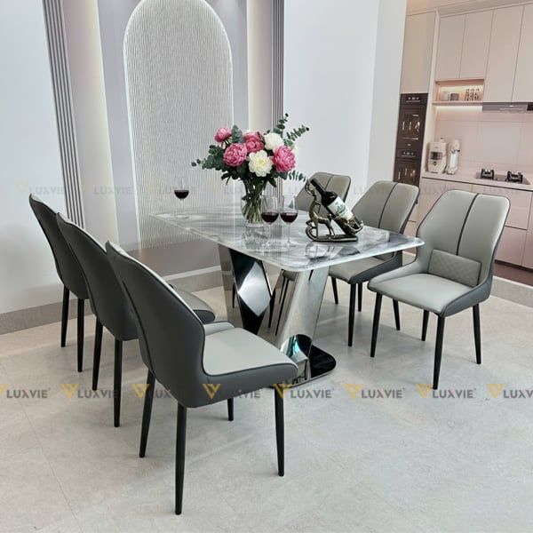 Bàn ăn inox tráng gương mặt đá Uranus (không gồm ghế)