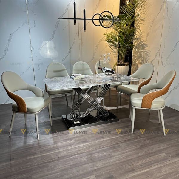 Bộ bàn ăn mặt đá Fiber2 + 6 ghế Alix