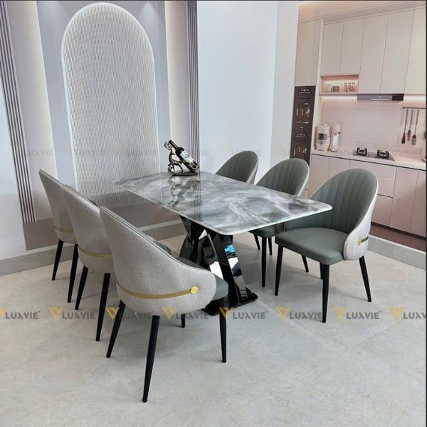 Bàn ăn inox tráng gương mặt đá Jiannis (không gồm ghế)
