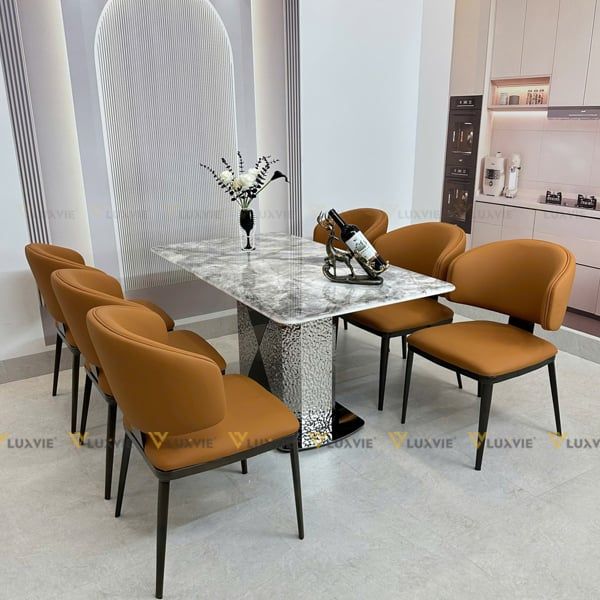 Bàn ăn inox tráng gương mặt đá Varane (không gồm ghế)