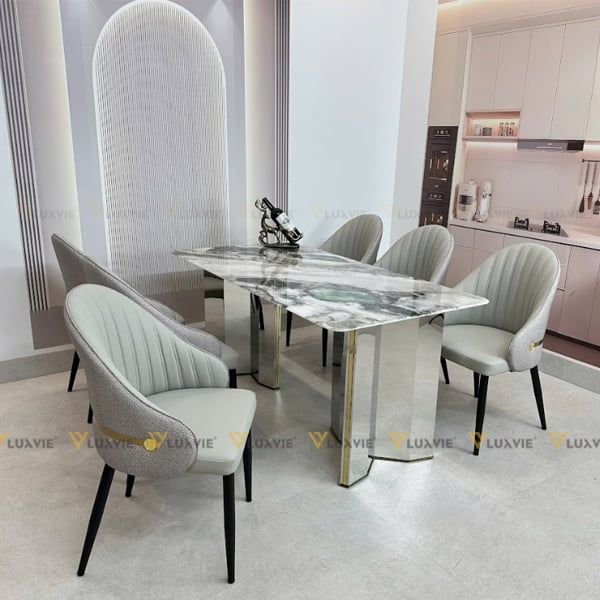Bàn ăn inox tráng gương mặt đá Houssel (không gồm ghế)