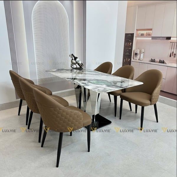 Bộ bàn ăn mặt đá Malisa + 6 ghế Selila