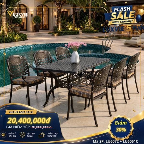 Bộ bàn ghế nhôm ngoài trời LU6072 + Ghế LU6051C