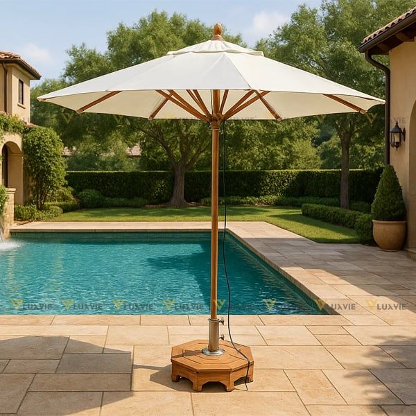 Ô DÙ TRÒN GỖ TEAK QT02 CAO CẤP CHUYÊN DÙNG VÙNG BIỂN