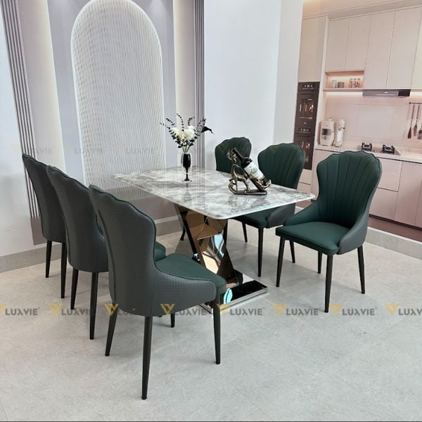 Bộ bàn ăn mặt đá Irene + 6 ghế Ella