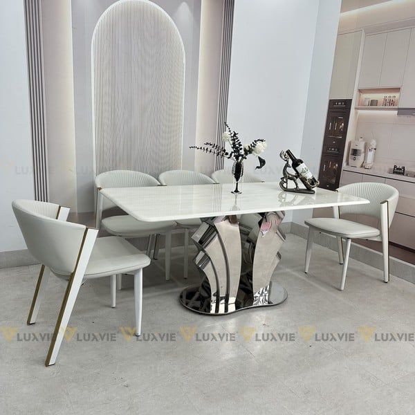 Bàn ăn inox tráng gương mặt đá Isidore (không gồm ghế)