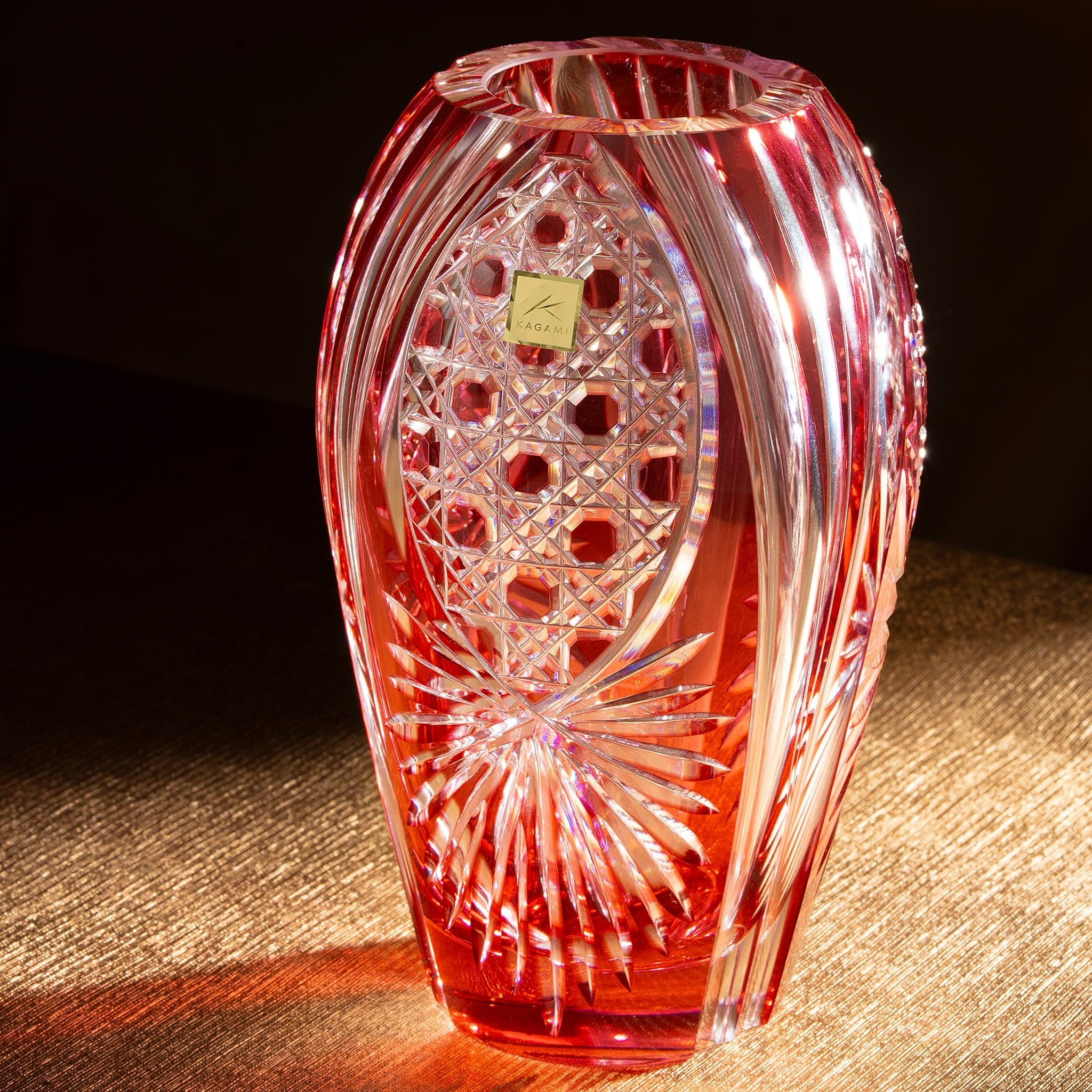  Bình hoa (lọ hoa) pha lê Edo Kiriko 'Octagonal Basket Weave' 20cm màu đỏ | Kagami Crystal F299 - 2674-CAU 