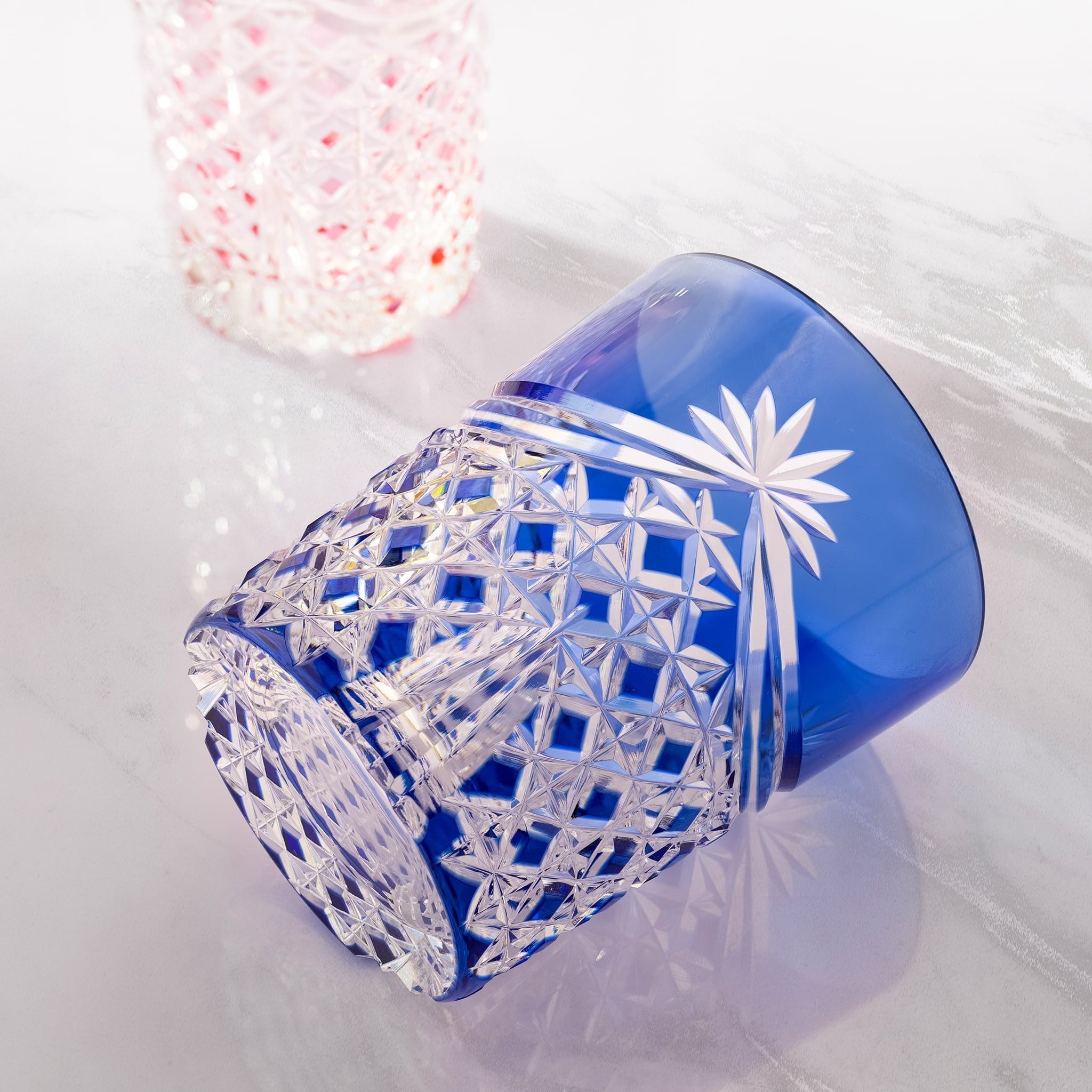  Ly pha lê rock glass họa tiết Edo Kiriko (Square Basket Weave) dung tích 240ml màu xanh cobalt | Kagami T370 - 2835-CCB 