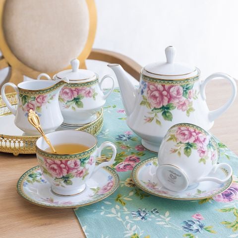  Bộ ấm chén uống trà (ấm 1.200ml, chén 250ml) 15 món sứ trắng | Rosa Basket 1736L - T017A 