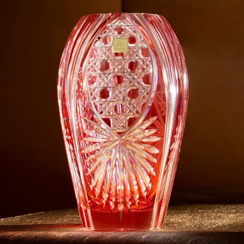  Bình hoa (lọ hoa) pha lê Edo Kiriko 'Octagonal Basket Weave' 20cm màu đỏ | Kagami Crystal F299 - 2674-CAU 