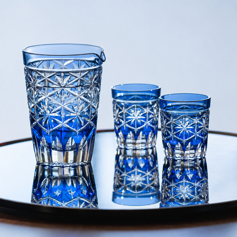  Bộ bình pha lê và ly uống rượu sake họa tiết Edo Kiriko 'Hoshika' 03 món màu xanh cobalt | Kagami JPS72 - 3003-CCB 