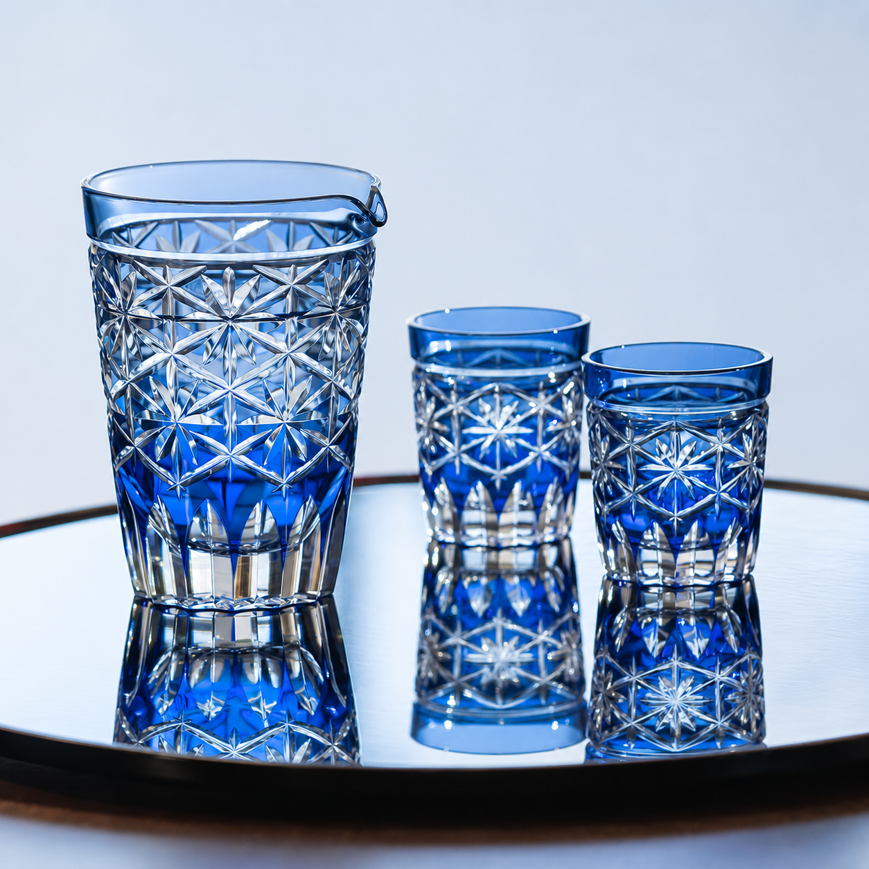  Bộ bình pha lê và ly uống rượu sake họa tiết Edo Kiriko 'Hoshika' 03 món màu xanh cobalt | Kagami JPS72 - 3003-CCB 