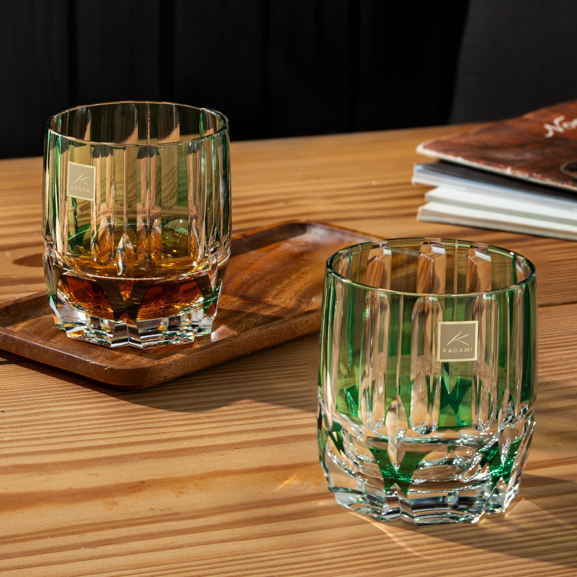  Ly pha lê rock glass Edo Kiriko 'Bamboo Zen' 250ml màu xanh lá | Kagami Crystal T117 - 1908-CGR 