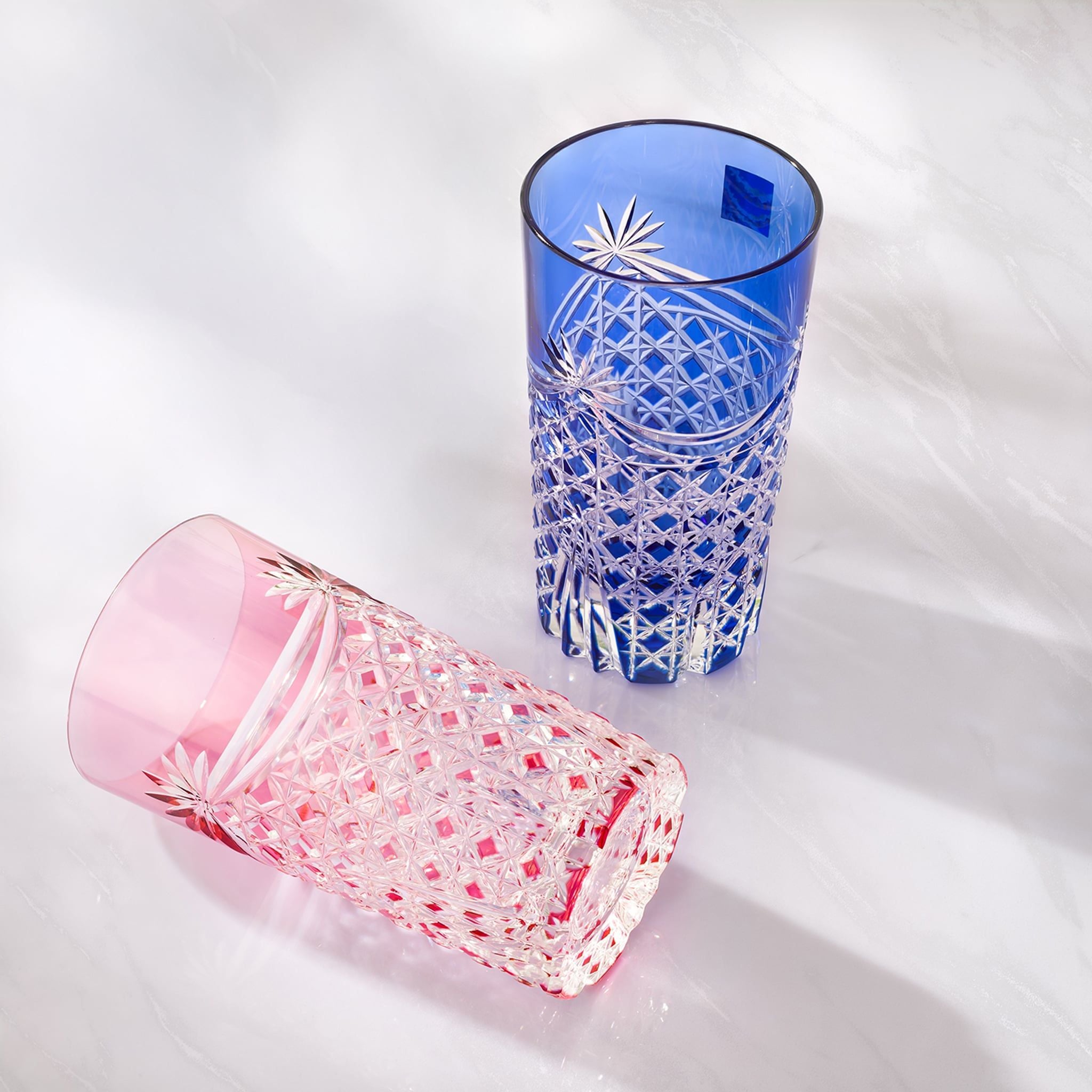  Ly (cốc) pha lê highball họa tiết Edo Kiriko (Square Basket Weave) 250ml màu xanh cobalt | Kagami T369 - 2835-CCB 