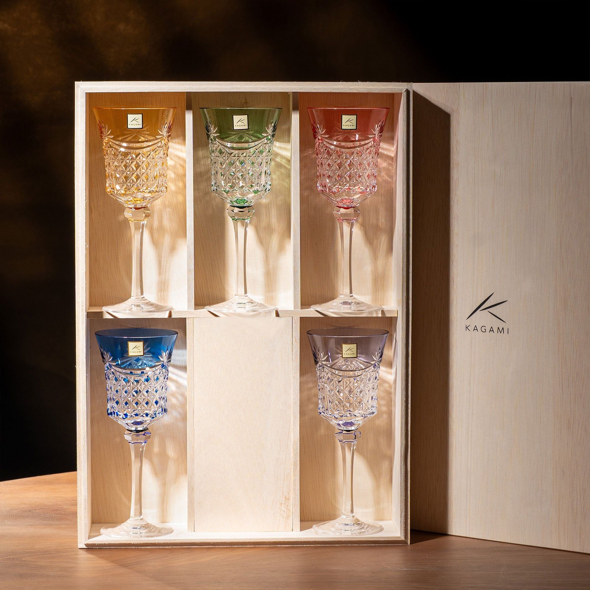  Bộ ly pha lê wine glass 05 màu xanh lá, đỏ, vàng, tím, xanh dương | Kagami KS3602 - 2835-5 
