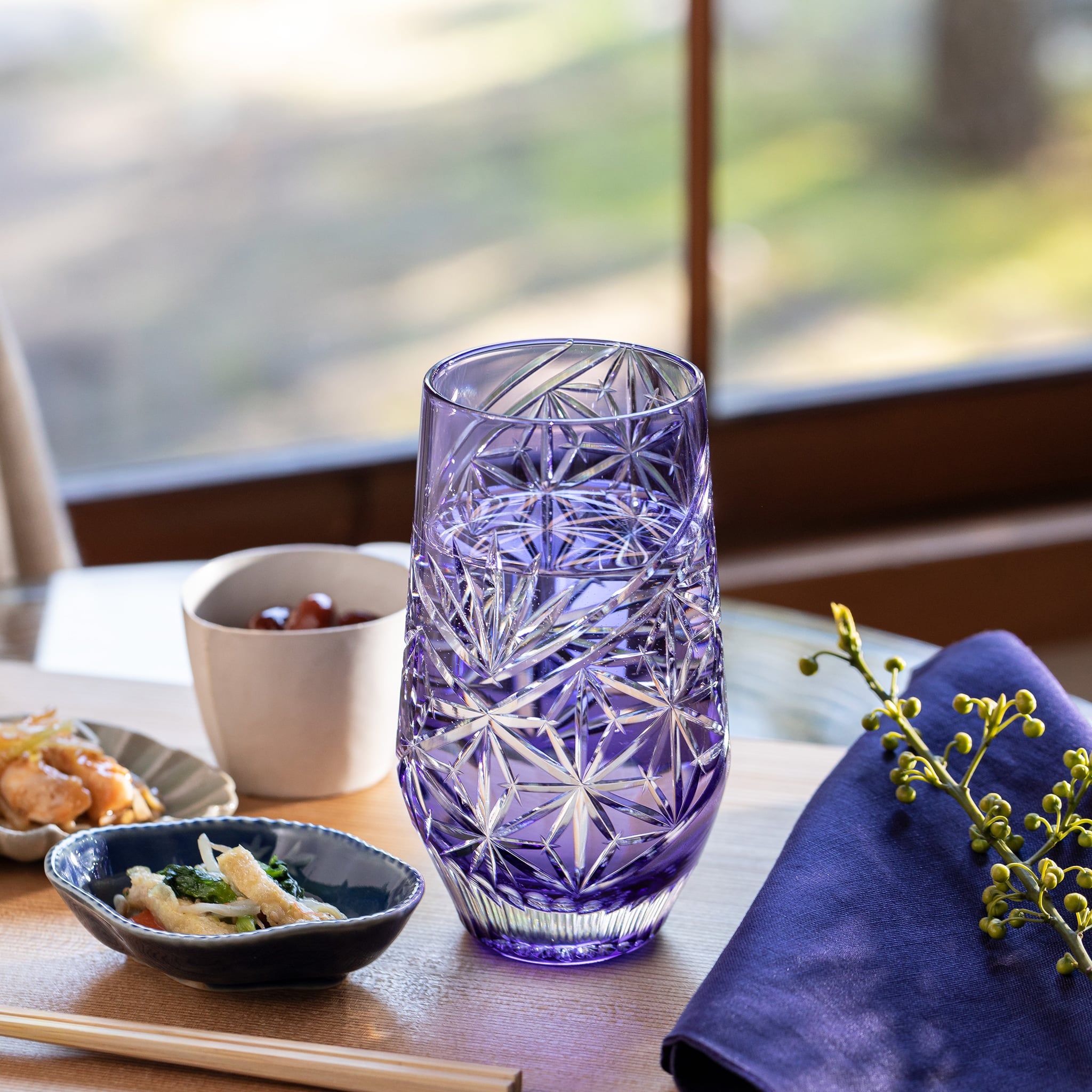  Ly pha lê tumbler Edo Kiriko "Hemp Leaf" dung tích 380ml màu tím | Kagami Crystal T777 - 3028-CMP 