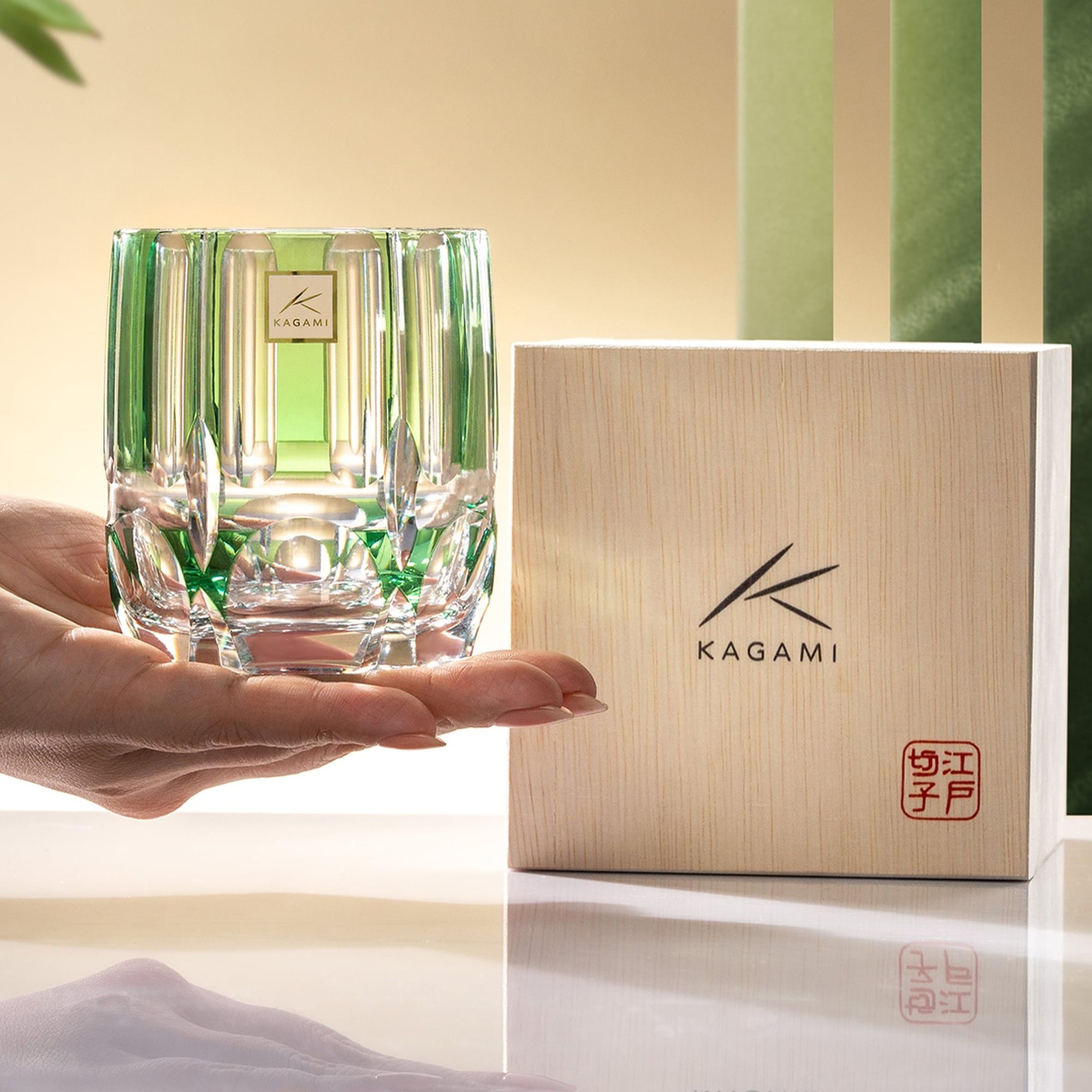  Ly pha lê rock glass Edo Kiriko 'Bamboo Zen' 250ml màu xanh lá | Kagami Crystal T117 - 1908-CGR 
