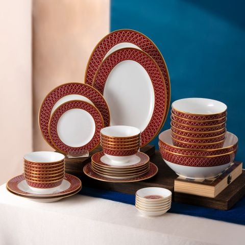  Bộ bát đĩa ăn châu Á đầy đủ 38 món (cho 6 người) sứ xương | Crochet 4966L - D038AD 