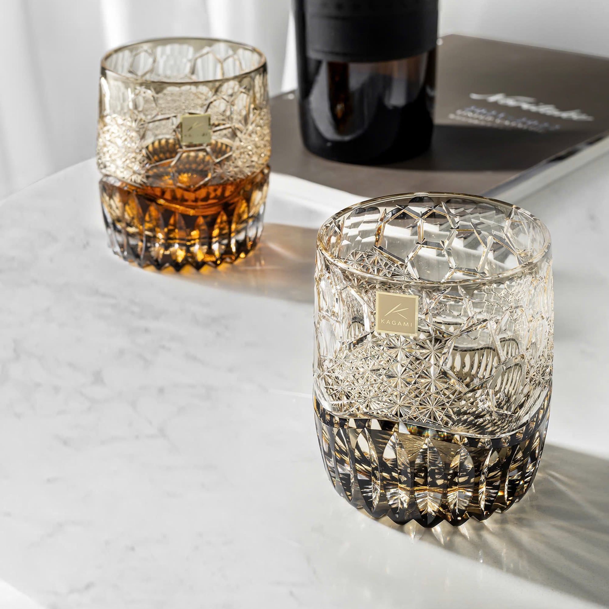  Ly pha lê rock glass Edo Kiriko 'Hyoukou' 330ml màu trà được chế tác bởi nghệ nhân Tomokazu Noguchi | Kagami Crystal T754 - 3010- WUK 