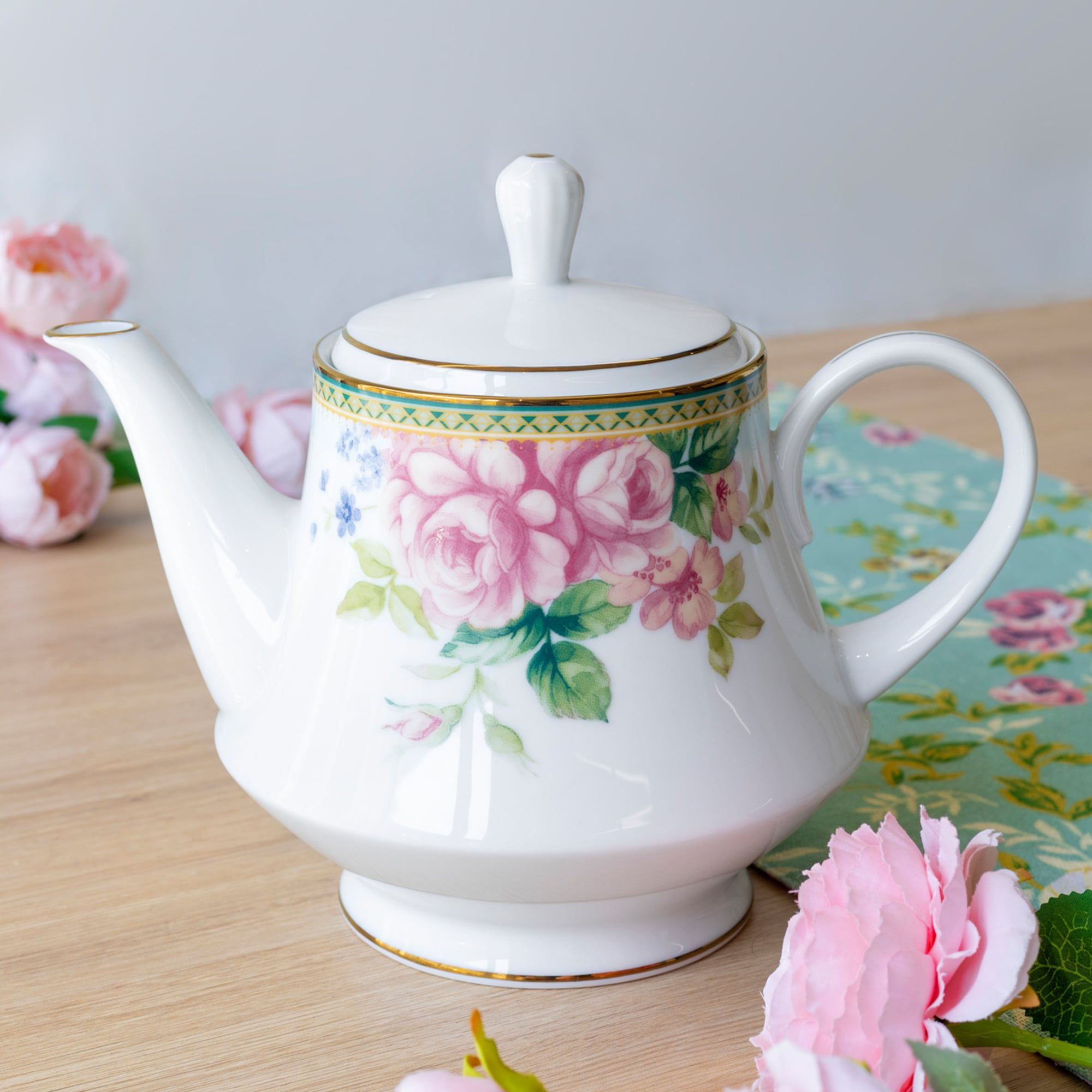  Bộ ấm chén uống trà (ấm 1.200ml, chén 250ml) 15 món sứ trắng | Rosa Basket 1736L - T017A 