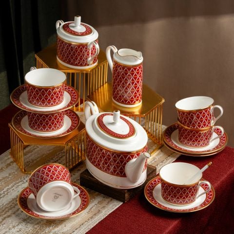 Bộ ấm chén uống trà (ấm 1.250ml, chén 245ml) 15 món sứ xương | Crochet 4966L - T017A