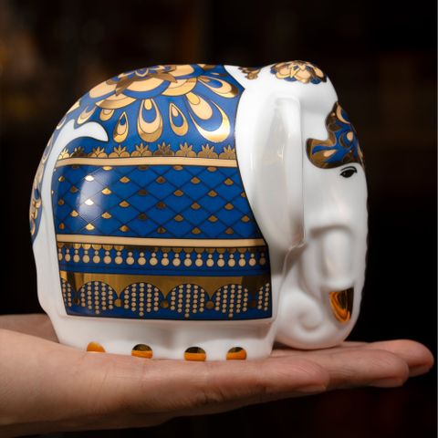  Tượng voi Như Ý sứ trắng cao cấp họa tiết xanh dương  | Tea Canister Elephant M-691L - T91379K 