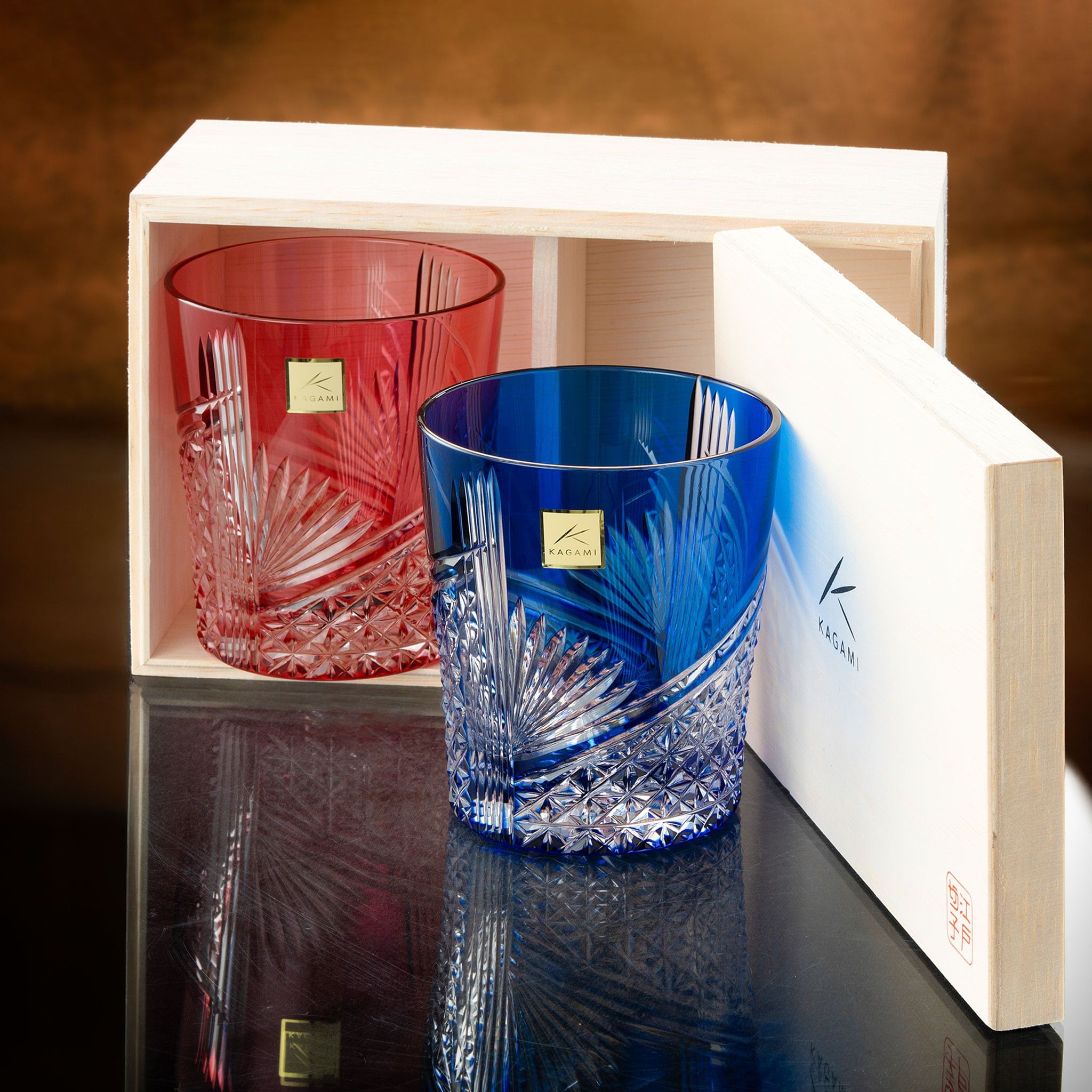  Cặp ly pha lê rock glass Edo Kiriko "Origami Crane" dung tích 280ml hai màu xanh - đỏ | Kagami Crystal TPS9852 - 2783-AB 