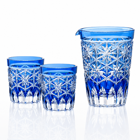 Bộ bình pha lê và ly uống rượu sake họa tiết Edo Kiriko 'Hoshika' 03 món màu xanh cobalt | Kagami JPS72 - 3003-CCB 