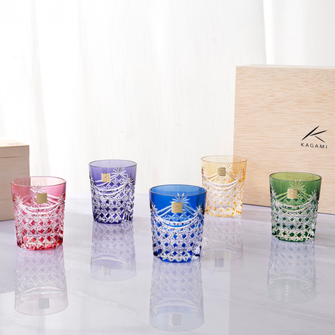  Bộ ly pha lê rock glass 05 màu xanh lá, đỏ, vàng, tím, xanh dương | Kagami TS370 - 2835-5 