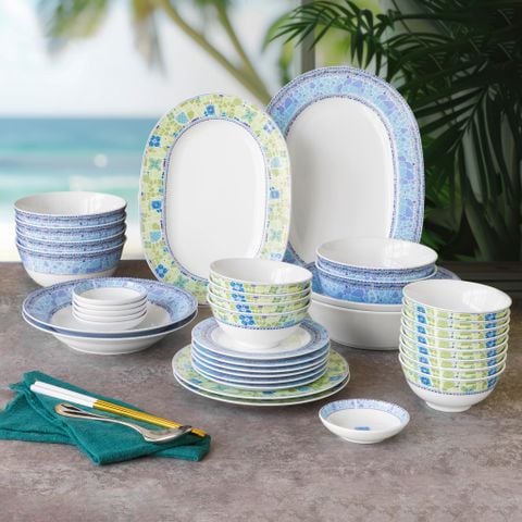  Bộ bát đĩa ăn châu Á đầy đủ 38 món (cho 6 người) sứ trắng | Aegean Dreams 1740L - D038AB 