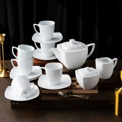  Bộ ấm chén uống trà vuông (ấm 750ml, chén 220ml) 15 món sứ trắng | Arctic White 4000L - T017V 