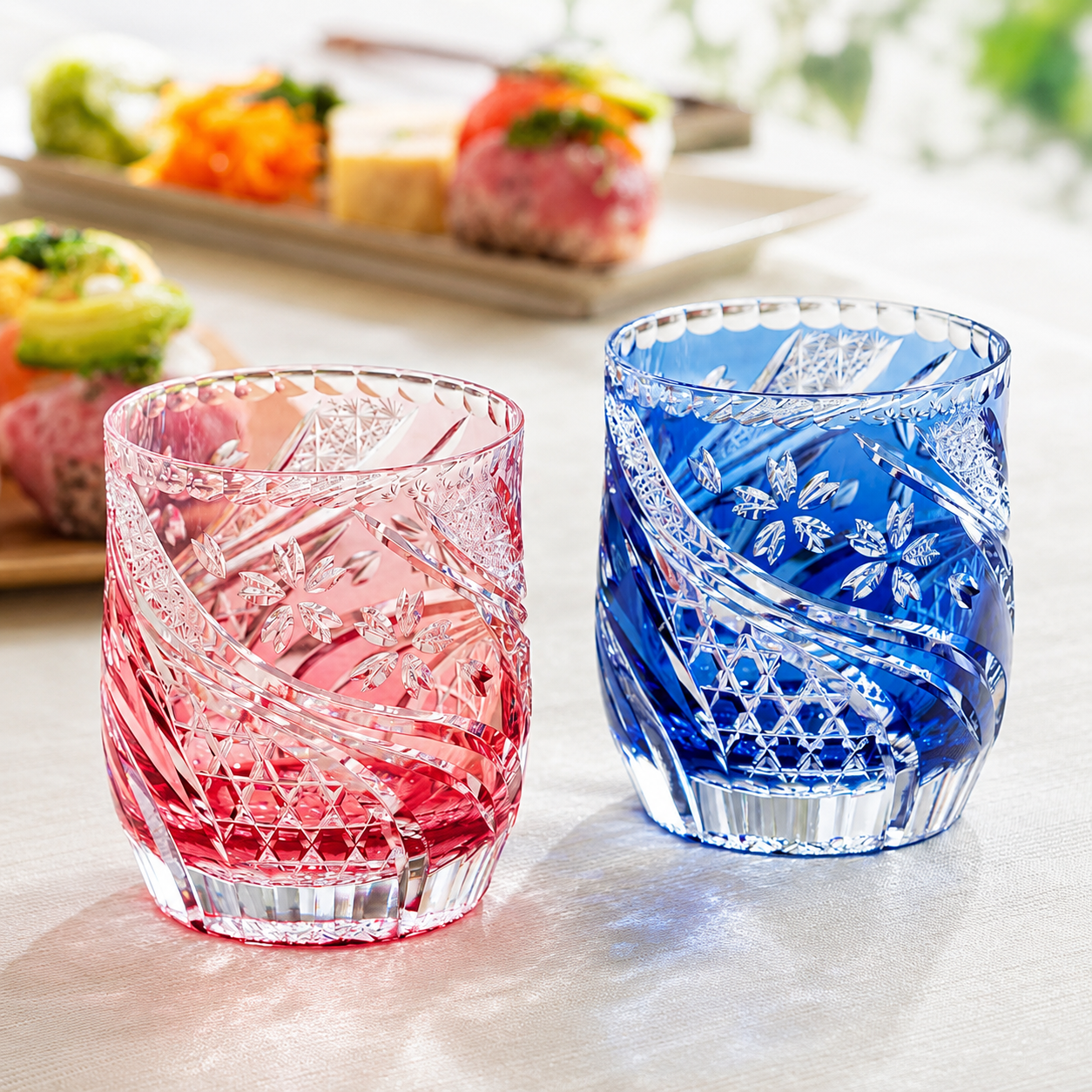  Ly pha lê rock glass họa tiết Edo Kiriko 'Sakura Nagare' 330ml màu đỏ | Kagami T753 - 2996-CAU 